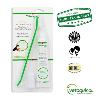 Vetoquinol Enzadent Enzymatic Toothpaste Kit + Fingerbrush & Dual-End Toothbrush for Cats & Dogs – 3.2 oz, Poultry Flavor – Oral Dental Care Kit: Removes Plaque, Polishes Teeth & Freshens Breath