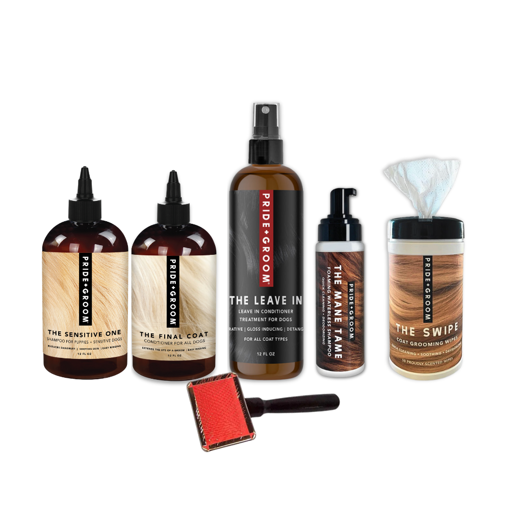 Collection of PrideGroom hair care products on a white background